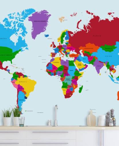 Mehrfarbige benutzerdefinierte Weltkarten-Tapete namens Colour Map of the World für Büros und Kinderzimmer Mehrfarbige benutzerdefinierte Weltkarten-Tapete namens Colour Map of the World für Büros und Kinderzimmer