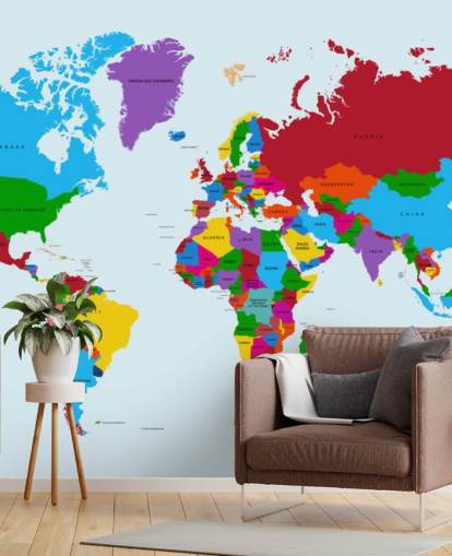 Mehrfarbige benutzerdefinierte Weltkarten-Tapete namens Colour Map of the World für Büros und Kinderzimmer
