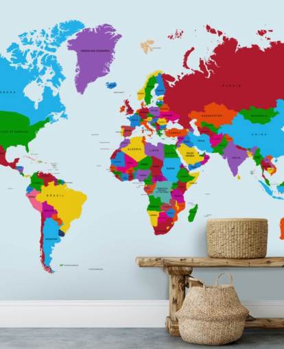 multicoloured custom world map wallpaper called Colour Map of the World for offices and kid's bedrooms