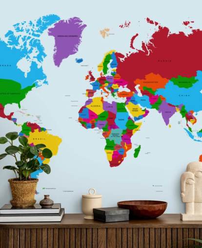papel de parede de mapa-múndi personalizado multicolorido chamado Mapa de cores do mundo para escritórios e quartos infantis