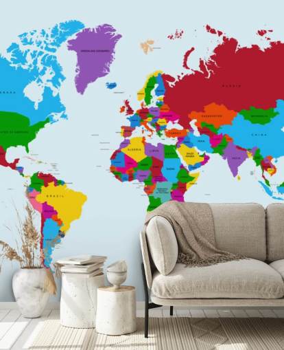 mångfärgad anpassad världskarta tapet som heter Colour Map of the World för kontor och barns sovrum
