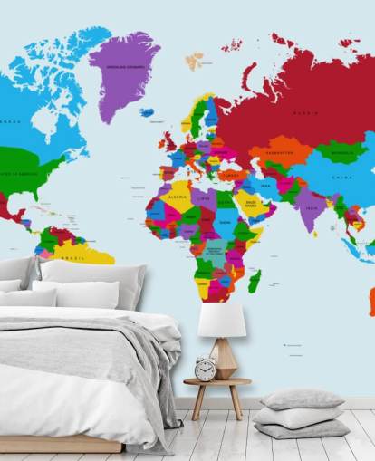 papier peint de carte du monde personnalisé multicolore appelé Carte du monde en couleur pour les bureaux et les chambres d'enfants