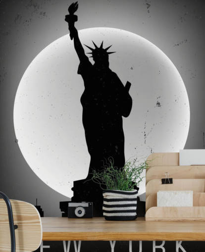 Schwarz-Weiß-Mond-Silhouette der Freiheitsstatue Fototapete Schwarz-Weiß-Mond-Silhouette der Freiheitsstatue Fototapete