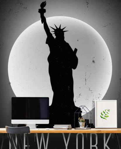Schwarz-Weiß-Mond-Silhouette der Freiheitsstatue Fototapete Schwarz-Weiß-Mond-Silhouette der Freiheitsstatue Fototapete