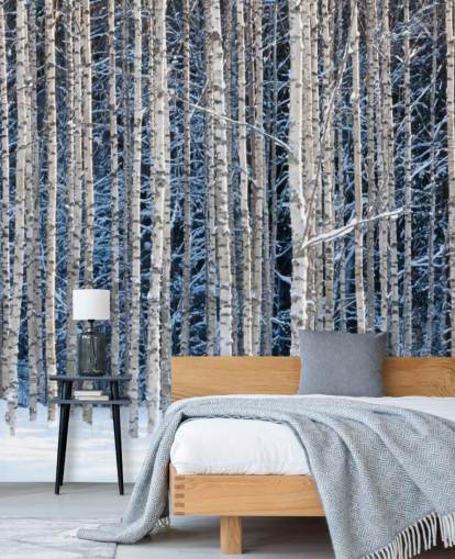 vinterskog tapetväggmålning kallad Snowy Birch Forest för sovrum