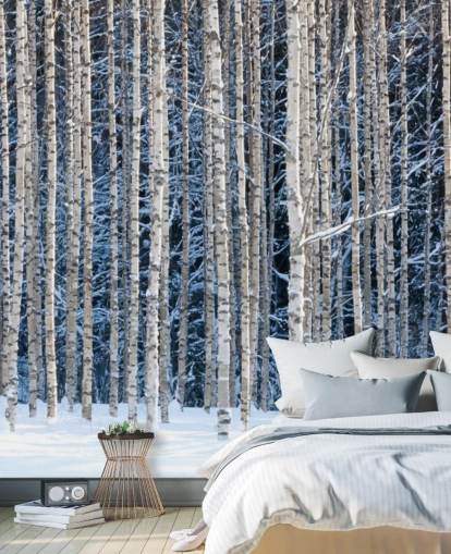 Winterwald-Wandbild namens Snowy Birch Forest für Schlafzimmer