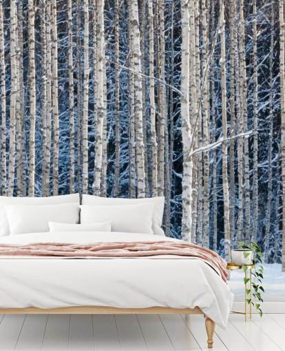 talvimetsän taustakuvamaalaus nimeltä Snowy Birch Forest makuuhuoneisiin talvimetsän taustakuvamaalaus nimeltä Snowy Birch Forest makuuhuoneisiin