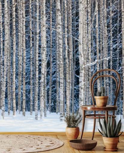 Winterwald-Wandbild namens Snowy Birch Forest für Schlafzimmer Winterwald-Wandbild namens Snowy Birch Forest für Schlafzimmer