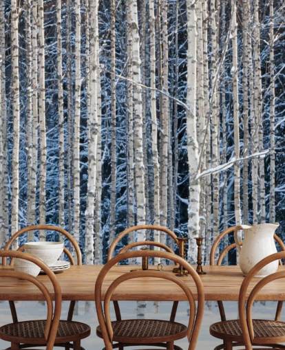 talvimetsän taustakuvamaalaus nimeltä Snowy Birch Forest makuuhuoneisiin