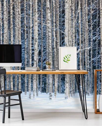 vinterskov tapetmaleri kaldet Snowy Birch Forest til soveværelser