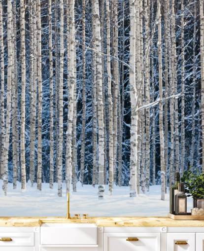 mural de papel pintado de bosque de invierno llamado Snowy Birch Forest para dormitorios