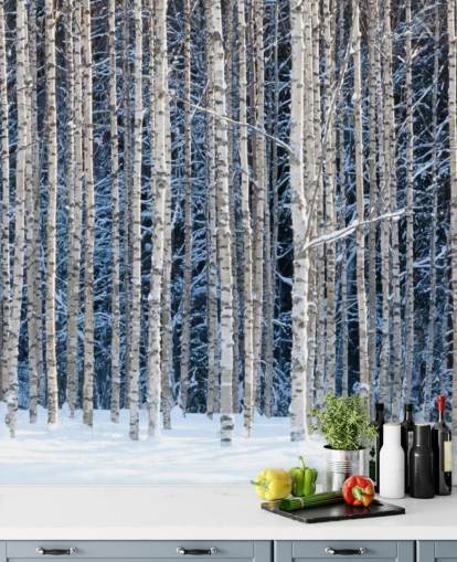 Winterwald-Wandbild namens Snowy Birch Forest für Schlafzimmer Winterwald-Wandbild namens Snowy Birch Forest für Schlafzimmer