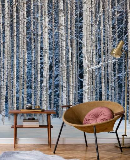 mural de papel de parede de floresta de inverno chamado Snowy Birch Forest para quartos