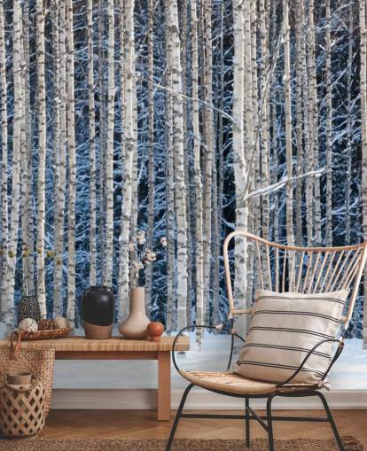 mural de papel de parede de floresta de inverno chamado Snowy Birch Forest para quartos