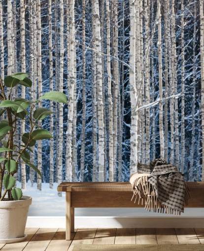 carta da parati murale con foresta invernale chiamata Snowy Birch Forest per camere da letto
