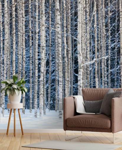 winter forest wallpaper mural called Snowy Birch Forest for bedrooms