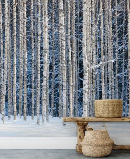 talvimetsän taustakuvamaalaus nimeltä Snowy Birch Forest makuuhuoneisiin talvimetsän taustakuvamaalaus nimeltä Snowy Birch Forest makuuhuoneisiin