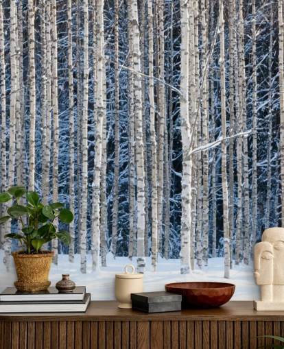 talvimetsän taustakuvamaalaus nimeltä Snowy Birch Forest makuuhuoneisiin talvimetsän taustakuvamaalaus nimeltä Snowy Birch Forest makuuhuoneisiin