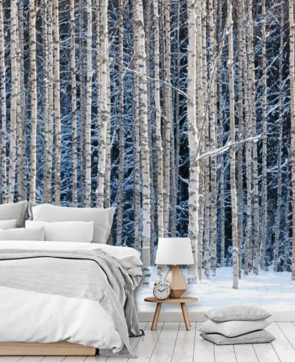 mural de papel de parede de floresta de inverno chamado Snowy Birch Forest para quartos