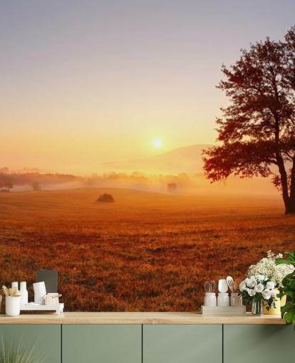 Boom in veld zonsondergang behang Boom in veld zonsondergang behang