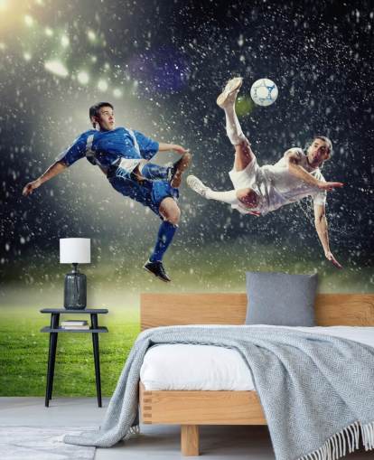 mural de papel pintado de fútbol personalizable azul, verde y blanco llamado Two Football Players Striking the Ball para dormitorio infantil mural de papel pintado de fútbol personalizable azul, verde y blanco llamado Two Football Players Striking the Ball para dormitorio infantil