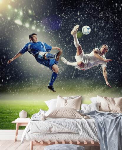 carta da parati murale con calcio personalizzabile blu, verde e bianco chiamata Two Football Players Striking the Ball per la camera dei bambini