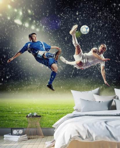 carta da parati murale con calcio personalizzabile blu, verde e bianco chiamata Two Football Players Striking the Ball per la camera dei bambini carta da parati murale con calcio personalizzabile blu, verde e bianco chiamata Two Football Players Striking the Ball per la camera dei bambini