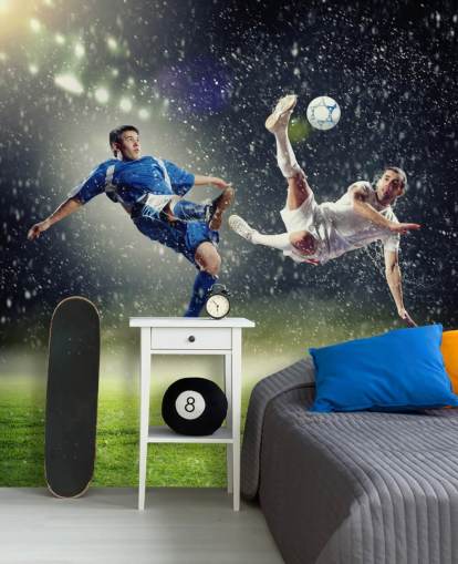 mural de papel de parede de futebol personalizável em azul, verde e branco chamado Two Football Players Striking the Ball para quarto infantil