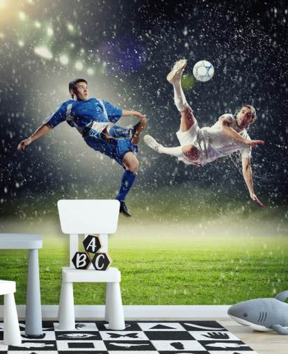 blue, green and white customizable football wallpaper mural called Two Football Players Striking the Ball for kid's bedroom