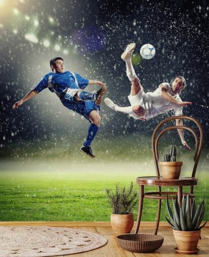papier peint mural de football personnalisable bleu, vert et blanc intitulé Two Football Players Striking the Ball pour chambre d'enfant