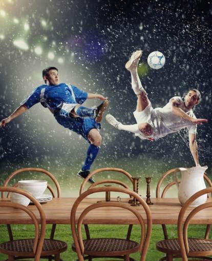 blue, green and white customizable football wallpaper mural called Two Football Players Striking the Ball for kid's bedroom blue, green and white customizable football wallpaper mural called Two Football Players Striking the Ball for kid's bedroom