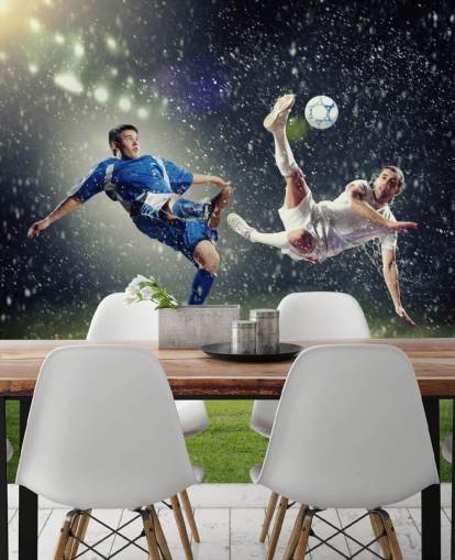 papier peint mural de football personnalisable bleu, vert et blanc intitulé Two Football Players Striking the Ball pour chambre d'enfant