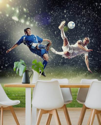 carta da parati murale con calcio personalizzabile blu, verde e bianco chiamata Two Football Players Striking the Ball per la camera dei bambini