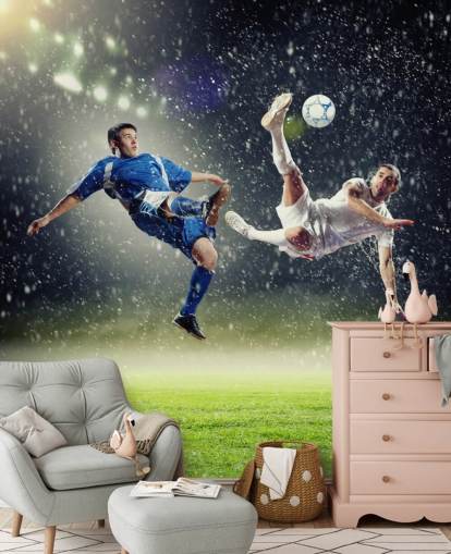 mural de papel de parede de futebol personalizável em azul, verde e branco chamado Two Football Players Striking the Ball para quarto infantil mural de papel de parede de futebol personalizável em azul, verde e branco chamado Two Football Players Striking the Ball para quarto infantil