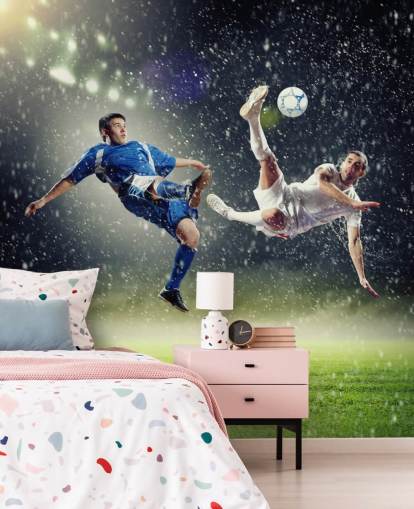 papier peint mural de football personnalisable bleu, vert et blanc intitulé Two Football Players Striking the Ball pour chambre d'enfant