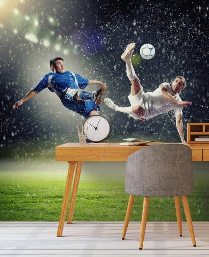 mural de papel pintado de fútbol personalizable azul, verde y blanco llamado Two Football Players Striking the Ball para dormitorio infantil