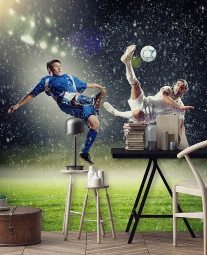 blue, green and white customizable football wallpaper mural called Two Football Players Striking the Ball for kid's bedroom