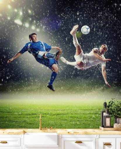 carta da parati murale con calcio personalizzabile blu, verde e bianco chiamata Two Football Players Striking the Ball per la camera dei bambini