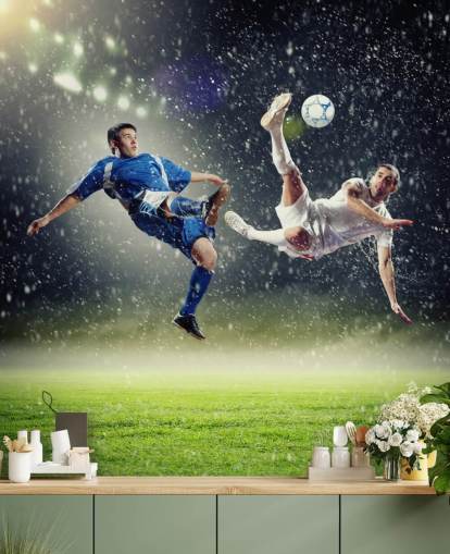 blue, green and white customizable football wallpaper mural called Two Football Players Striking the Ball for kid's bedroom