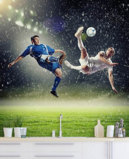 blue, green and white customizable football wallpaper mural called Two Football Players Striking the Ball for kid's bedroom