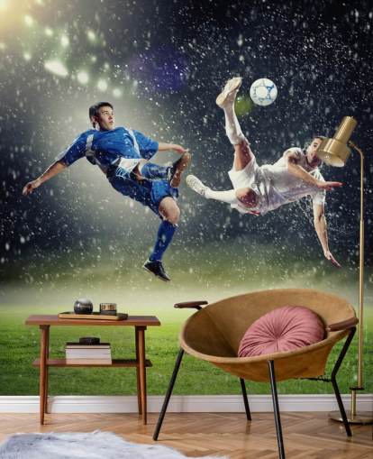 blauwe, groene en witte aanpasbare voetbalbehangmuurschildering genaamd Two Football Players Striking the Ball voor de kinderkamer
