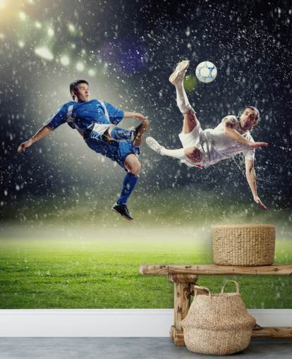 mural de papel de parede de futebol personalizável em azul, verde e branco chamado Two Football Players Striking the Ball para quarto infantil mural de papel de parede de futebol personalizável em azul, verde e branco chamado Two Football Players Striking the Ball para quarto infantil