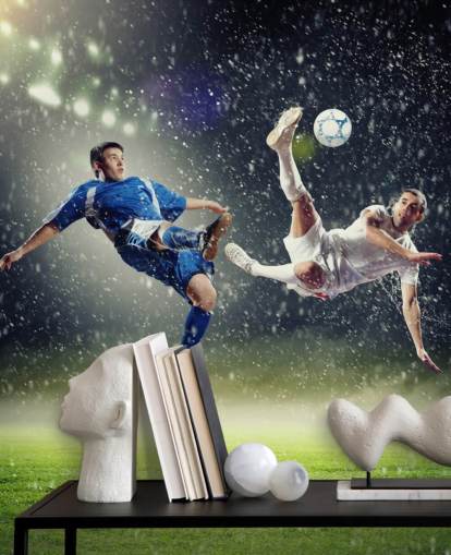 blue, green and white customizable football wallpaper mural called Two Football Players Striking the Ball for kid's bedroom