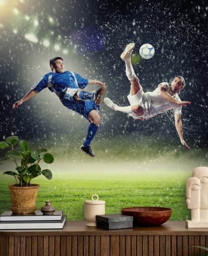 blue, green and white customizable football wallpaper mural called Two Football Players Striking the Ball for kid's bedroom