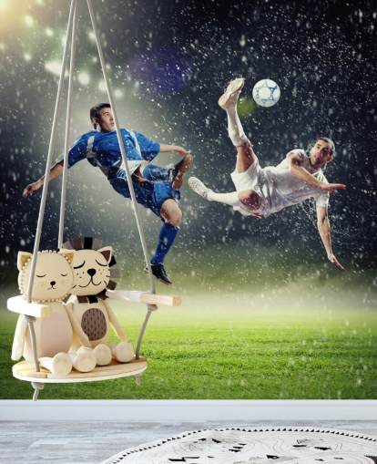 blue, green and white customisable football wallpaper mural called Two Football Players Striking the Ball for kid's bedroom