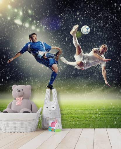 mural de papel pintado de fútbol personalizable azul, verde y blanco llamado Two Football Players Striking the Ball para dormitorio infantil