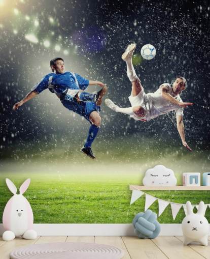 papier peint mural de football personnalisable bleu, vert et blanc intitulé Two Football Players Striking the Ball pour chambre d'enfant