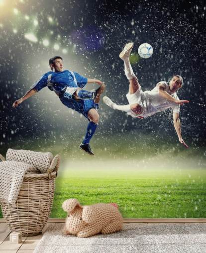 mural de papel de parede de futebol personalizável em azul, verde e branco chamado Two Football Players Striking the Ball para quarto infantil mural de papel de parede de futebol personalizável em azul, verde e branco chamado Two Football Players Striking the Ball para quarto infantil