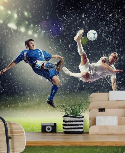 blå, grön och vit anpassningsbar fotbollstapet väggmålning som heter Two Football Players Striking the Ball för barnens sovrum blå, grön och vit anpassningsbar fotbollstapet väggmålning som heter Two Football Players Striking the Ball för barnens sovrum