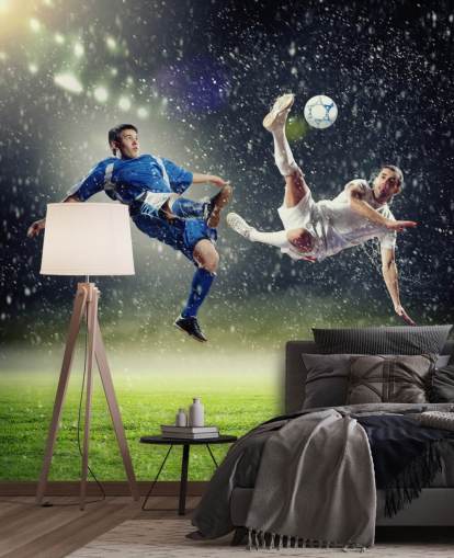 mural de papel de parede de futebol personalizável em azul, verde e branco chamado Two Football Players Striking the Ball para quarto infantil